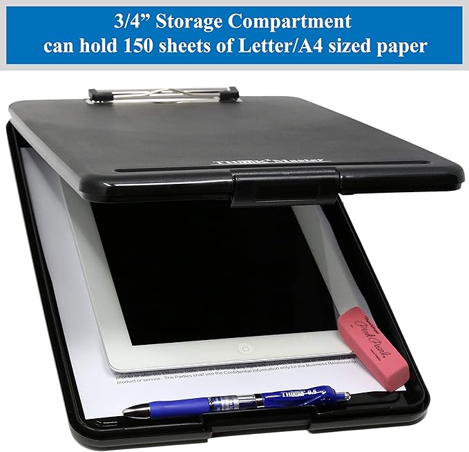 Think2Master Black Plastic Storage Clipboard. | 25% Heavier & 25% Sturdier| Heavy Duty and Won’t Flex or Bend Like Other Brands (Compare The Weight). Storage Compartment Holds 150 Letter Sized Paper.