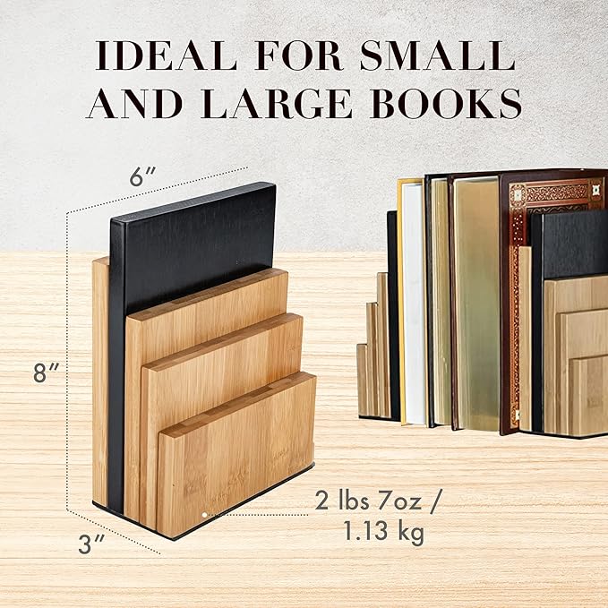 JUSK DESIGN Bamboo Book End/Book Organizer - Non-Skid Decorative Bookends for Office and Home - Book Holders for Shelves - Substantial Weight - Holds Heavy Books