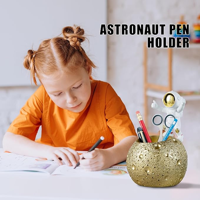 Kimdio Pen Holder, Astronaut Stand for Desk Pencil Holder, Resin Desk Moon Organizer Decorative Accessories Ideal Gift for Office, Classroom, Home - Gold