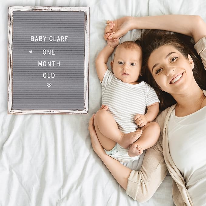 Felt Board With Rustic Vintage Frame and Stand 12x16 Inch, Grey Changeable Message Board Includes 792 Letters, Numbers and Symbols, Hook to Hang, 2 Canvas Bags