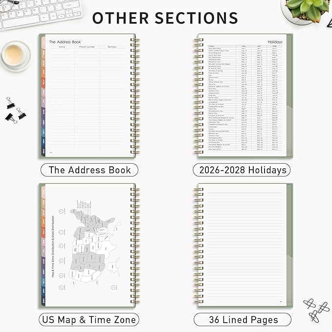 RETTACY 2026-2027 Monthly Planner, Jan 2026 - Dec 2027, Large Size (8.5" x 11"), Agenda, Calendar, 24 Month Tabs, Flexible Plastic Cover, 100 GSM Thick Paper, Spiral-bound (Light Green)