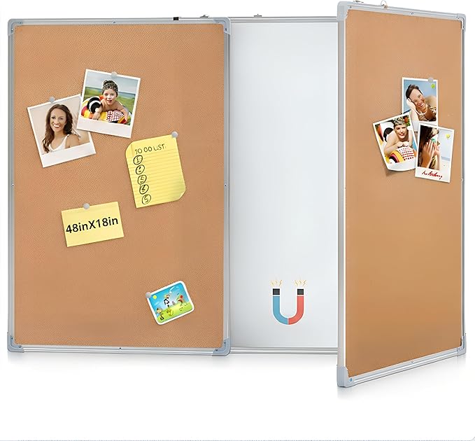 Mooliwe 48"x18" Tri-fold Cork Board Whiteboard Combo, Foldable Combination Magnetic Dry Erase Bulletin Board & Corkboard with Aluminum Frame Wall Mounted for Home, Office and School(Wood)