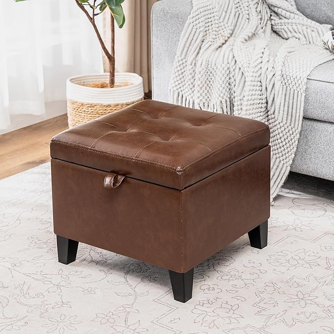 Asense 17 Inch Faux Leather Ottoman with Storage, Square Ottoman Footstool Upholstered Footrest for Couch Entryway Bedroom Living Room, Coffee