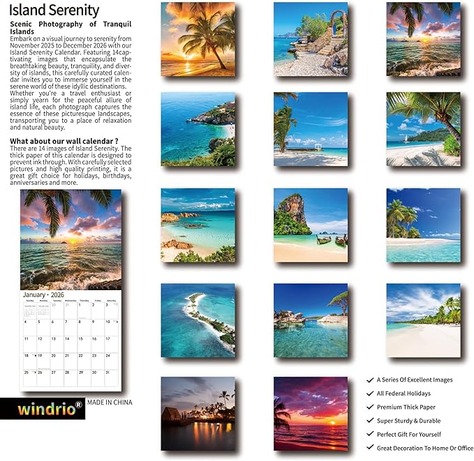 2026 Wall Calendar,Calendar 2026, November 2025 - December 2026, Wall Calendar Island Serenity, 12" x 24" Opened,Full Page Months Thick & Sturdy Paper for Gift Perfect Calendar Organizing & Planning