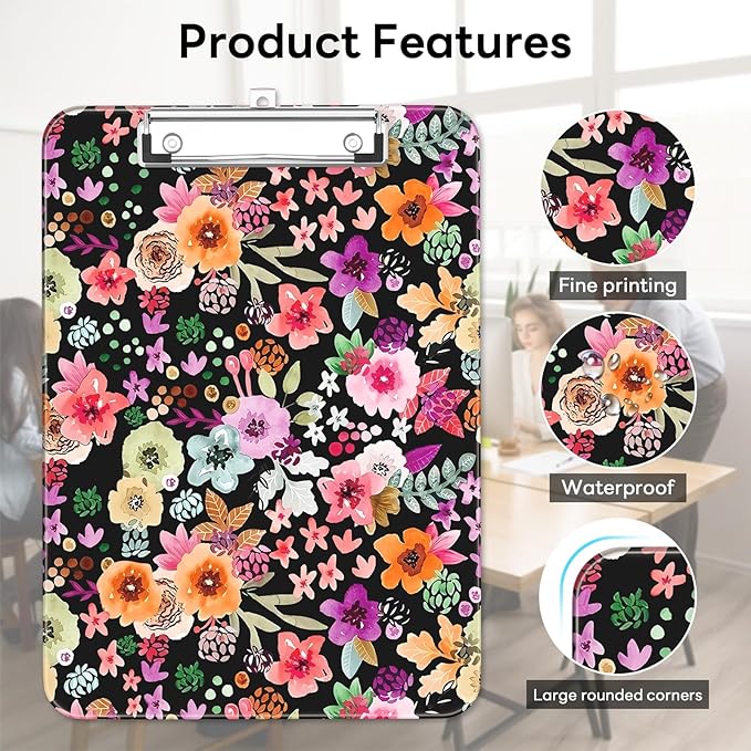 Luminzo Plastic Cute Clipboard Low-Profile Metal Clip, A4 Letter Size 9 x 12.5 in, 8.5 x 11 Paper Clip Board for Teachers, Nurses, Classroom,Watercolor Flower