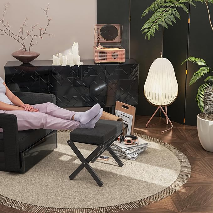 BAMBOOHOMIE Foldable Foot Stool Ottoman, Modern Foot Rest with Bamboo X Legs & Thick Foam Cushion, Folding Foot Stools Small Padded for Bedroom Living Room, Footstool for Chair Couch (Black - Black)