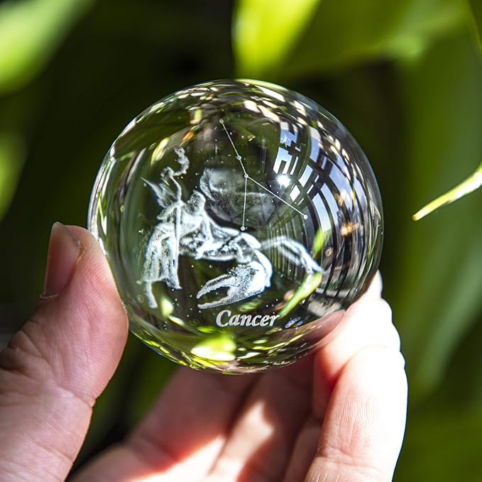 HDCRYSTALGIFTS Crystal 3D Constellation Crystal Ball 60mm Crystal Paperweight Full Sphere Glass Fengshui with Sliver-Plated Flowering Stand(Cancer)