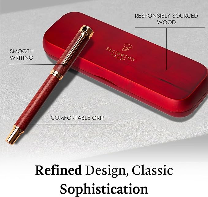 Ellington Pens Luxury Wood Fountain Pen Set – Fine Nib - Includes 6 Ink Cartridges, Wooden Pen Gift Box, Ink Converter - Wood Pen For Writing, Calligraphy, Journaling, Drawing (Rosewood Radiance)