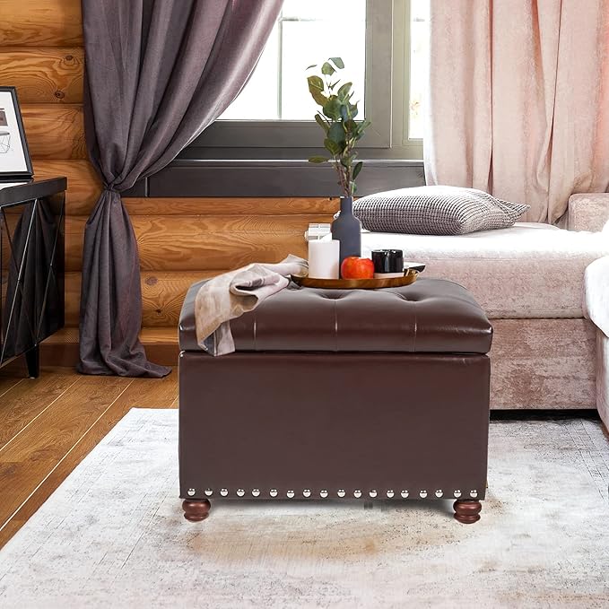 Decent Home Leather Storage Ottoman Bench Foot Rest Stool with Nailhead Trim (Dark Brown - Button Tufted Leather)