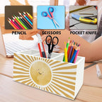 QZQE Boho Yellow Sunshine Pen Pencil Holder Organizer for Desk, Cute Smile Groovy Sun Sunshine Wooden Box Signs Decorations for Kids Room Home Classroom Desk Tabletop
