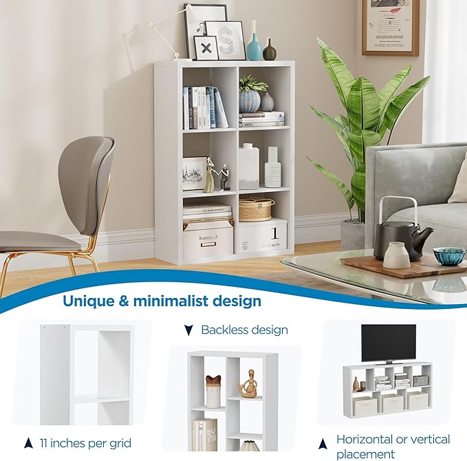 6 Cube Storage Organizer, 2x3 Cube Bookshelf, Cubby Storage Shelf, Wooden Organizer Shelf with Thickened Boards, for Closet Bedroom Home Office Living Room, 36.93" L x 9.37" W x 25.12" H, White