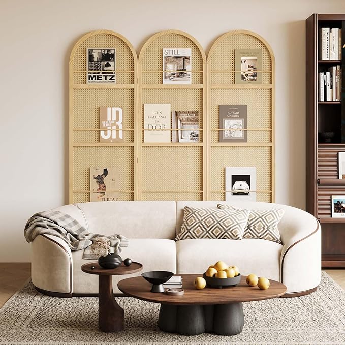 Rattan Room Divider with Built-in Bookshelf | Foldable Privacy Screen & Portable Partition for Home Office, Bedroom, Reading Nook | Wooden Frame, Freestanding Design (Natural-Rattan)