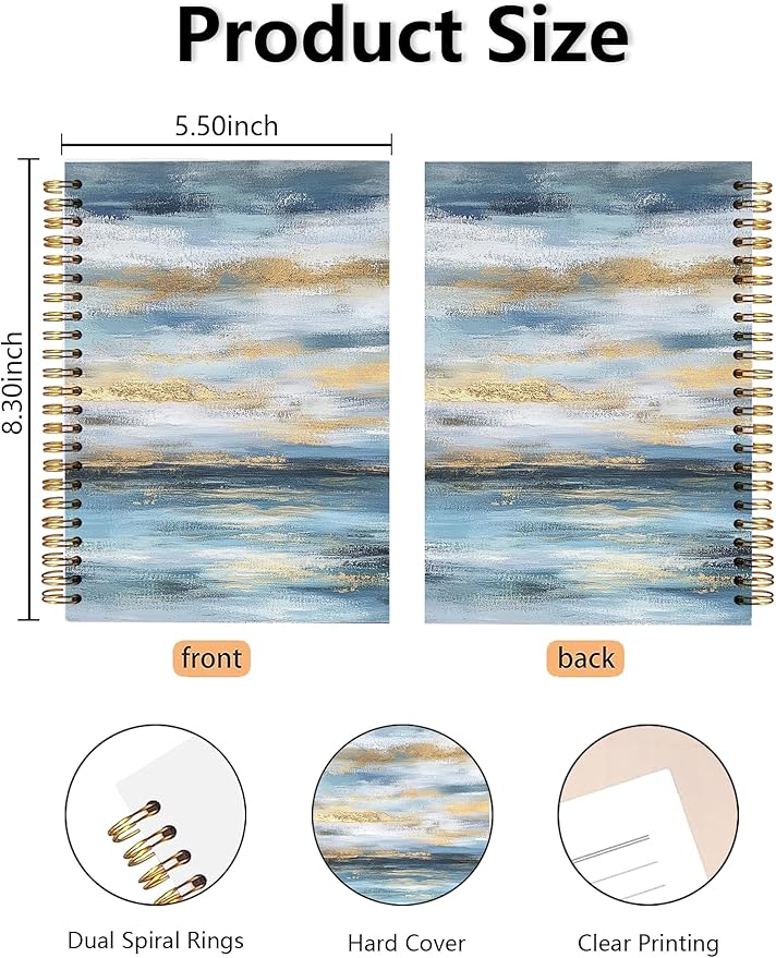 BitKan Abstract Blue White and Gold Hardcover Spiral Notebook, Boho Abstract Coastal Ocean Journal, Mid Century Modern Journal, Minimalist Contemporary Blue Ocean Notebook 5.5x8.3 Inch