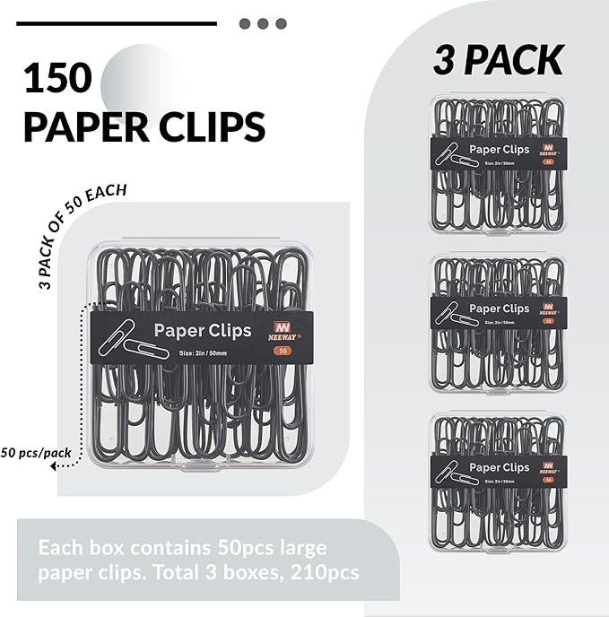 NEEWAY Colorful Large Paper Clips, 2 Inch Jumbo Paper Clips, 150 Count, 3 Pack of 50 (Black)