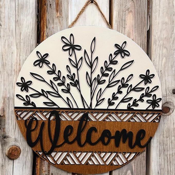 Wood front door sign Wood sign Home decor Welcome sign Sign for front door House warming gift Wedding gift (Wildflower 2.0-DS033(NB) P002, 15" Width)