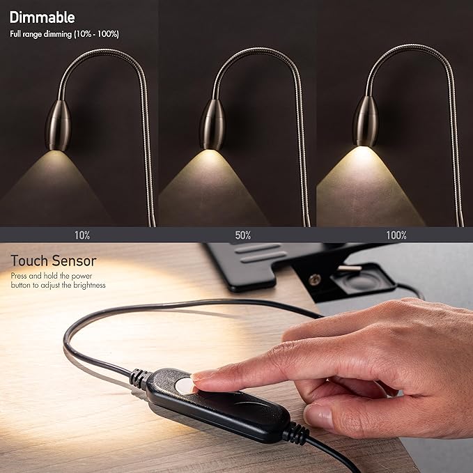 O'Bright Lumos - Versatile Clip-on Lamp: Zoomable Spotlight, Dimmable LED, Flexible Gooseneck, 4000K Light, 100% Metal Clamp - Ideal for Reading, Crafting, Work, and Headboards, Brushed Nickel