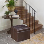 Adeco Faux Leather Cube Storage Ottoman, Brown Ottomans for Living Room, Bedroom