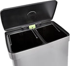 Amazon Basics Dual Compartment Recycling Trash Can with Soft-Close Lid and Removable Liner Buckets, 60 Liters, Rectangular, Grey, Silver