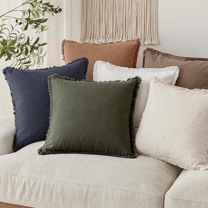 Foindtower Set of 2 Decorative Linen Fringe Throw Pillow Covers Cozy Farmhouse Cushion Cover with Tassels Accent Pillowcase for Couch Chair Sofa Bed Living Room Home Decor,16×16 Inch,Dark Olive Green