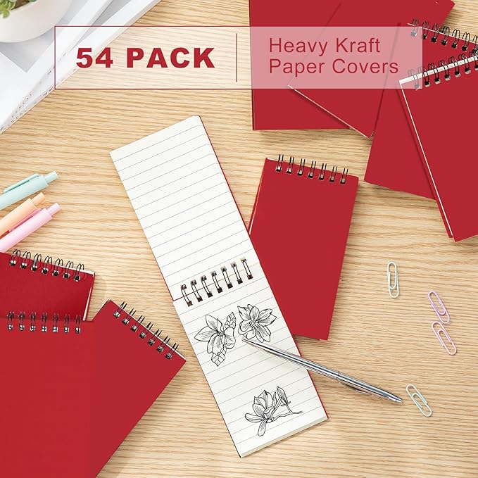 Tenceur 54 Pcs Pocket Notebook Small 3 x 5 Inch Red Spiral Notepads Mini Top Bound Notebook with Lined 120 Pages Ruled Memo Pads for Office College Nurse Essentials Back to School Gift
