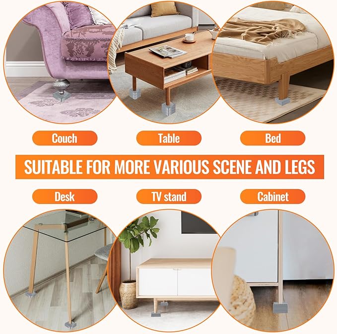 shouwuhho Furniture Risers, 4 Pack Bed Risers with Non-Slip Grip and Heavy Duty Support, 1 Inch 2 Inch 3 Inch 4 Inch Height Lift for Couch, Sofa, Table, Desk, Chair, Refrigerator - Gray, 1 Inch
