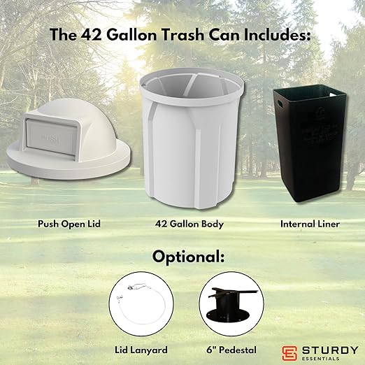 Campus Collection 42 Gallon Circle 100% Recycled Plastic Heavy Duty Outdoor Commercial Trash Can with Push Open Dome Lid and Internal Liner | Great for Schools and Businesses - White