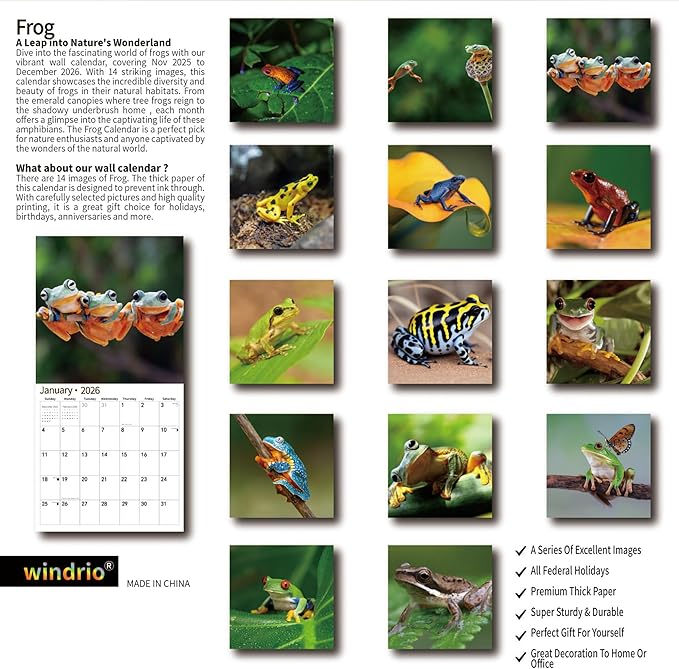 2026 Wall Calendar,Calendar 2026, November 2025 - December 2026, Wall Calendar Frog, 12" x 24" Opened,Full Page Months Thick & Sturdy Paper for Calendar Organizing & Planning