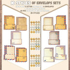 TaoBary 160 Pcs Stationery Paper Set 50 Double Sided Stationery Papers with 50 Matching Envelopes and 60 Round Dot Sticker, 10 Design(Vintage Travel,8.5 x 11 Inch)
