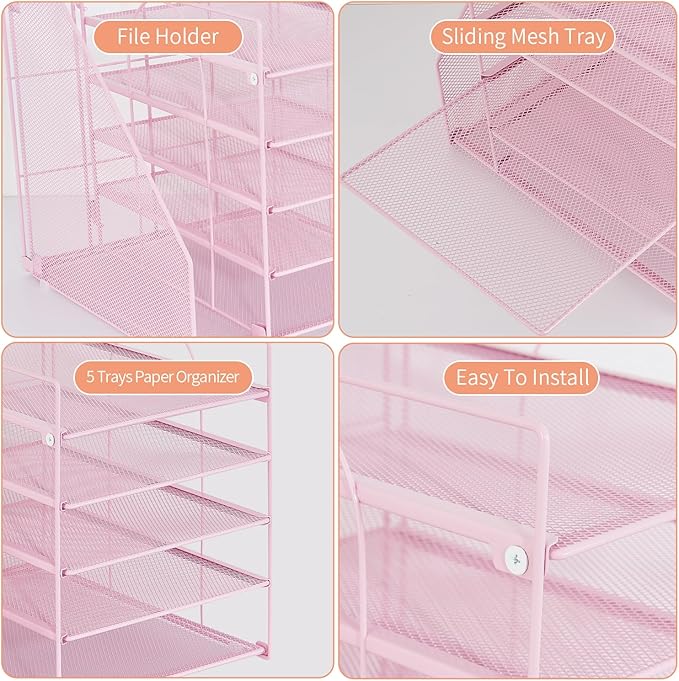 LEKETREE Desk Organizers and Accessories, 5-Tier Paper Letter Tray Organizer with File Holder, Desktop Organizer for Office Supplies (Pink)