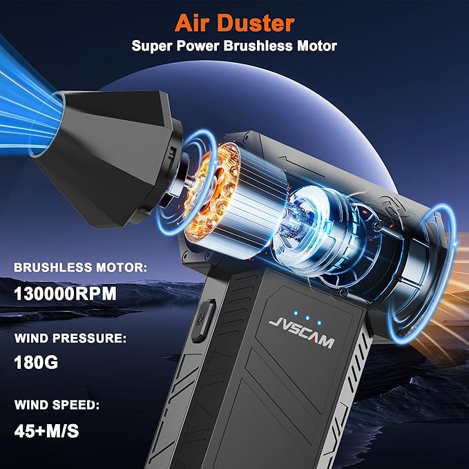 JVSCAM X3 Compressed Air Duster - Electric Air Duster with Brushless Motor,3 Gear Adjustable - mini Snow Blower- Rechargeable Air Duster for PC, Keyboard, Car,Outdoors,Home,Snow and Leaves Clearing