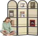 Rattan Room Divider with Built-in Bookshelf | Foldable Privacy Screen & Portable Partition for Home Office, Bedroom, Reading Nook | Wooden Frame, Freestanding Design (Black-Rattan)