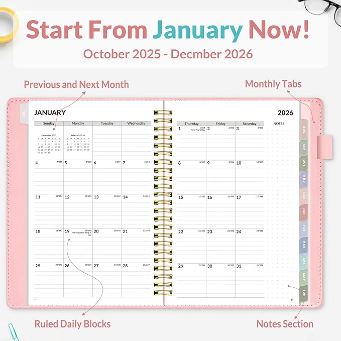 SUNEE 2026 Weekly & Monthly Planner 6.4"x8.5"- 12 Month (January 2026 - December 2026), Vegan Leather Cover, Pocket, Bookmark, Notes, Monthly Tab, Peach Pink