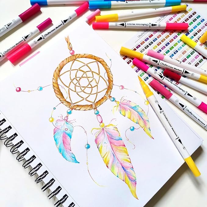 Ohuhu Markers for Adult Coloring Books No Bleeding 160 Colors Water-based Dual Tips Fineliner & Brush Coloring Markers for Kids Adults Beginners Drawing Pens for Journaling Lettering - Maui - White