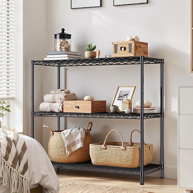 3- Shelf Metal Shelving Unit 35.6Wx14Dx36H,Adjustable Storage Shelves Heavy Duty Garage Steel Shelving for Office,Wire Rack Small Shelf for Kitchen Shelves Laundry Bathroom Pantry Closet Black
