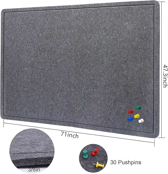 Large Bulletin Board - 72 X 48 inches Decorative Felt Pin Board - 6' x 4' Cork Board Alternative for Wall - Foldable Picture Board Self-Adhesive Vision Board Prayer Board with 30 Pushpins - Dark Gray