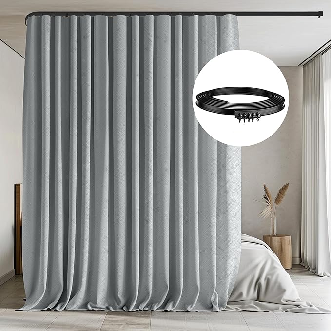 MaKefeile Room Divider Curtains with Flexible Ceiling Tracks Set,Blackout Curtain Ceiling Mount Curtain Track Privacy Room Dividers Ceiling Track Curtain Rod(Grey Drape & Black Rail W 10 × H 9 FT)