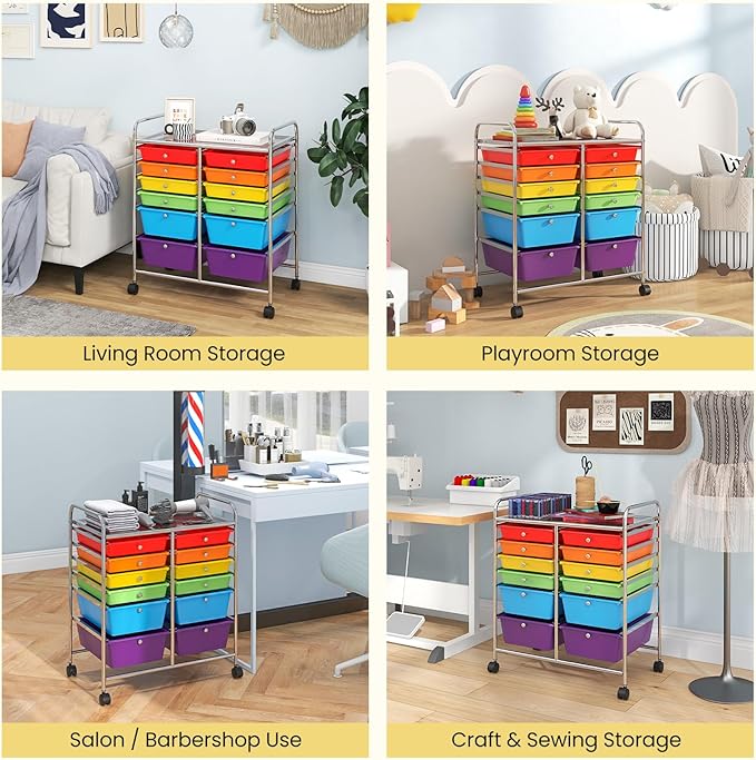 LDAILY 12 Drawer Rolling Storage Cart, Craft Cart Organizer on Wheels w/Metal Frame, Large Capacity & Smooth Drawer, Rolling Cart w/Drawers for Classroom, Office