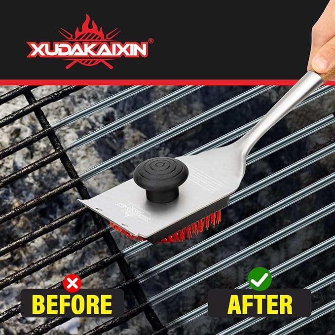 XUDAKAIXIN Nylon Grill Brush,Dual Grip Design,with Extended Luxurious Acaciawood Handle,Safe Nylon Bristles Barbecue Triple Scrubbers Cleaning Brush for Cast Iron Grates/Porcelain/Charcoal Grill