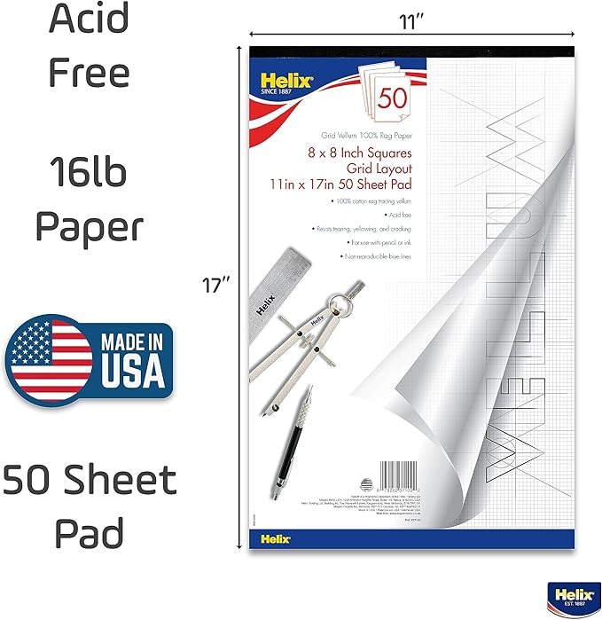 Helix - 100% Rag Vellum Paper Pad - 1 Inch Equals 8x8 Grid - 11 Inch x 17 Inch - 50 Sheet Pad - Acid-Free - Drafting, Art, Sketching and Tracing