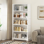 TVU 5-Tier Wooden Book shelf, 65"H × 31.5"W × 9.9“D Bookshelf with Storage, Floor-Standing Display Bookcase, Farmhouse Style Bookshelf with Arched Base, Suitable for Living Room, Study, Office, White