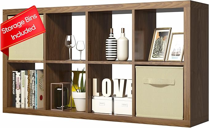 furtble Bookshelf with Storage Bins, 8-Cube Storage Organizer, Modern Wood Open Bookcase, Multifunctional Display Shelf for Living Room, Bedroom, Home Office, Classic Oak