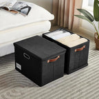 Roobyl 17" Large Collapsible Storage Bins with Lids, Stackable Closet Organizers with PU Handle and Labels, 3-Pack Decorative Fabric Storage Boxes for Home, Bedroom, Closet, Office, Nursery(Black)