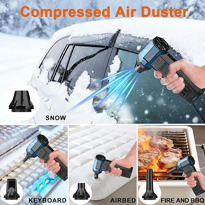 JUFINX Air Duster -250000RPM- Snow Blower, Replaceable Batteries 2pcs,Long Life-mini Blower, 3-Gear Adjustable- Electeic Air Duster for Keyboard,PCs,Outdoors,Snow,Leaves,Car Cleaning (2*Batteries)