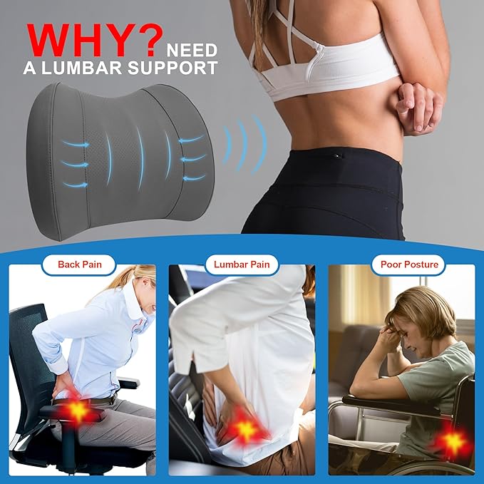 Lofty Aim Lumbar Support Pillow for Car, Memory Foam Lumbar Pillow for Lower Back Pain Relief - Back Cushion for Driving, Chair Support for Car-Office Chair, Wheelchair - Classic Dark Grey