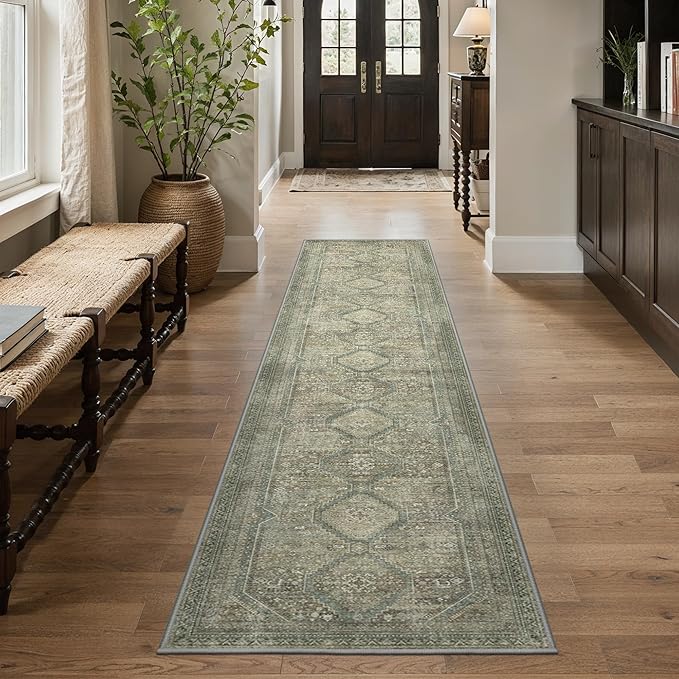 GENIMO Runner Rug 2x8 Non Slip Machine Washable Hallway Runner Rug, Low Pile Lightweight Rugs for Entryway, Hallway, Kitchen and Corridor, Sage/Blue