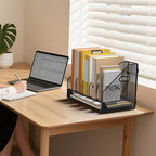 OrgMate Desk File Folder Holder Organizer-5 Vertical Compartments Racks and Paper Letter Tray,Mesh Magazine File Holder Sorter,Desktop Accessories & Workspace Organizers for Home,Office,School-Black
