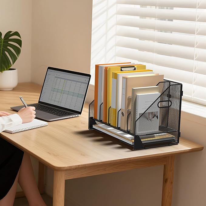 OrgMate Desk File Folder Holder Organizer-5 Vertical Compartments Racks and Paper Letter Tray,Mesh Magazine File Holder Sorter,Desktop Accessories & Workspace Organizers for Home,Office,School-Black