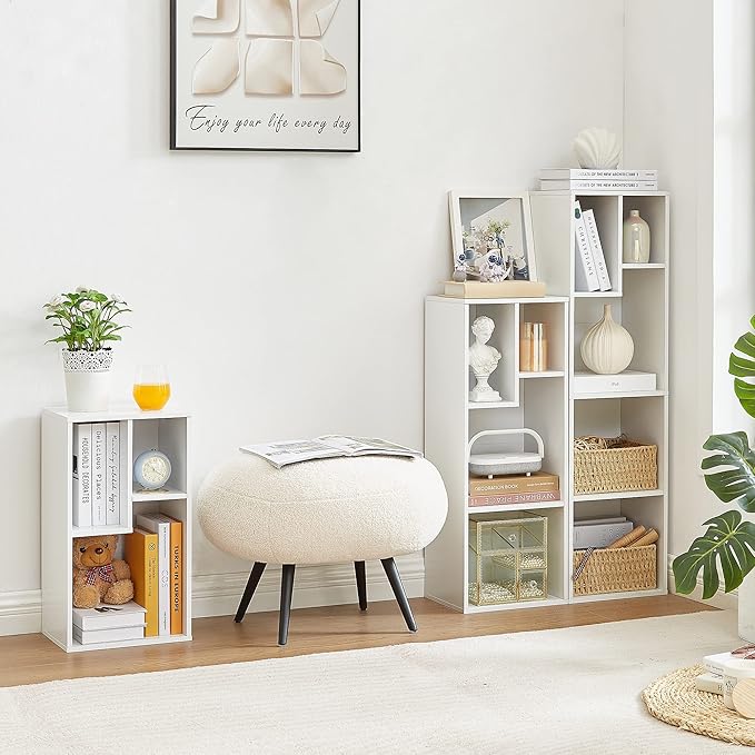 VECELO Narrow Bookshelf Set, Fits 9.3" × 10-12.8" Hardcovers, Cube Storage Bookcases, Free-Standing for Living Room, Bedroom, Home Office, 2/3/4-Tier, 3-Pack, White