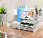 Marbrasse Desk Organizer with File Holder, 5-Tier Paper Letter Tray Organizer with Drawer and 2 Pen Holder, Mesh Desktop Organizer and Storage with Magazine Holder for Office Supplies (Silver)