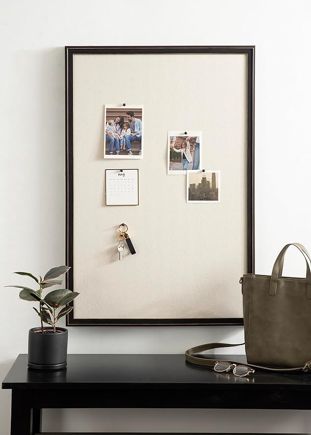 Kate and Laurel Oakhurst Rectangle Framed Linen Fabric Pinboard; 24 x 36; Distressed Black; Traditional Decorative Bulletin Board with Stepped Profile and Lightly Distressed Finish